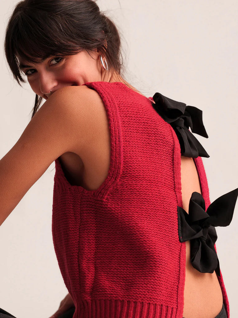 Rory Top — Red knit top with black bows on model — MYFASHIONFRUIT