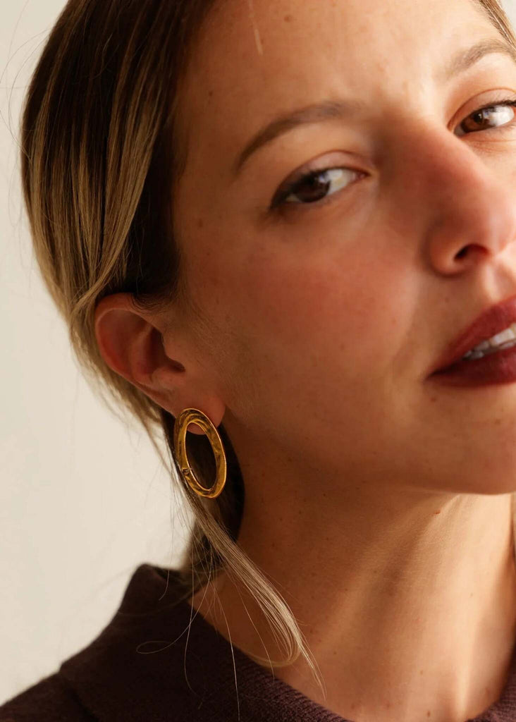 Kiah Earrings — Gold oval earrings on model — MYFASHIONFRUIT
