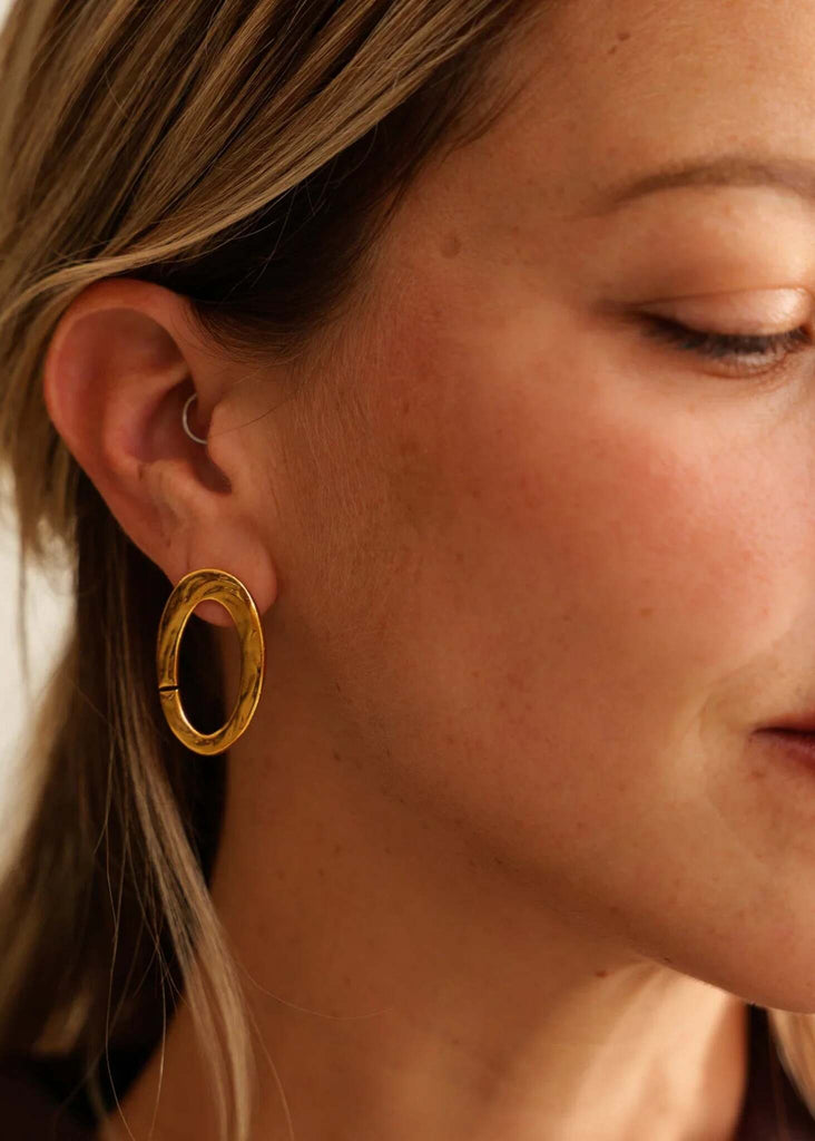 Kiah Earrings — Gold tone earrings on model, detail — MYFASHIONFRUIT