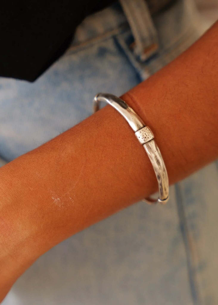 The Ultimate Bracelet Duo — silver cuff on model, detail — MYFASHIONFRUIT