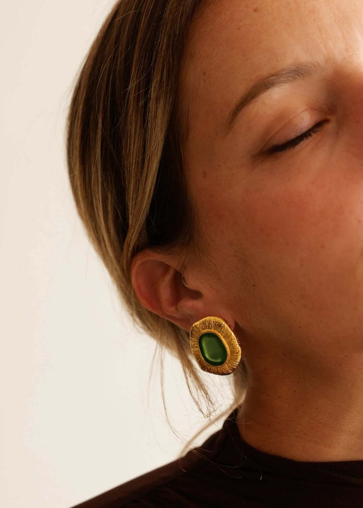 Zanyah Earrings — Gold & green on model detail — MYFASHIONFRUIT