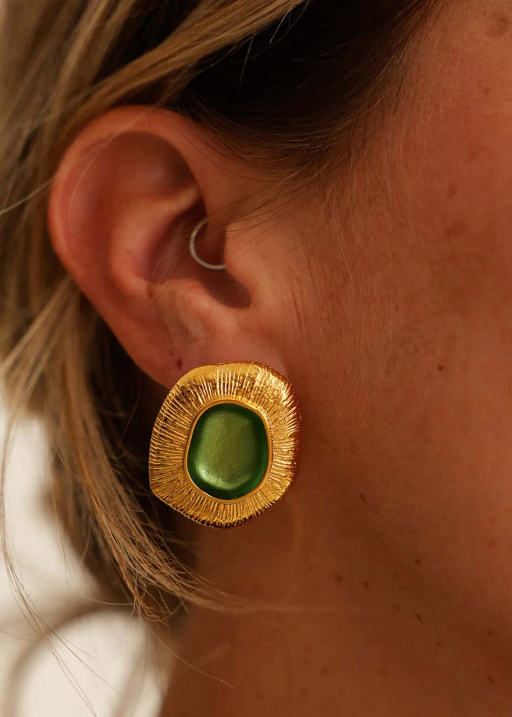 Zanyah Earrings — earring in gold and green, detail — MYFASHIONFRUIT