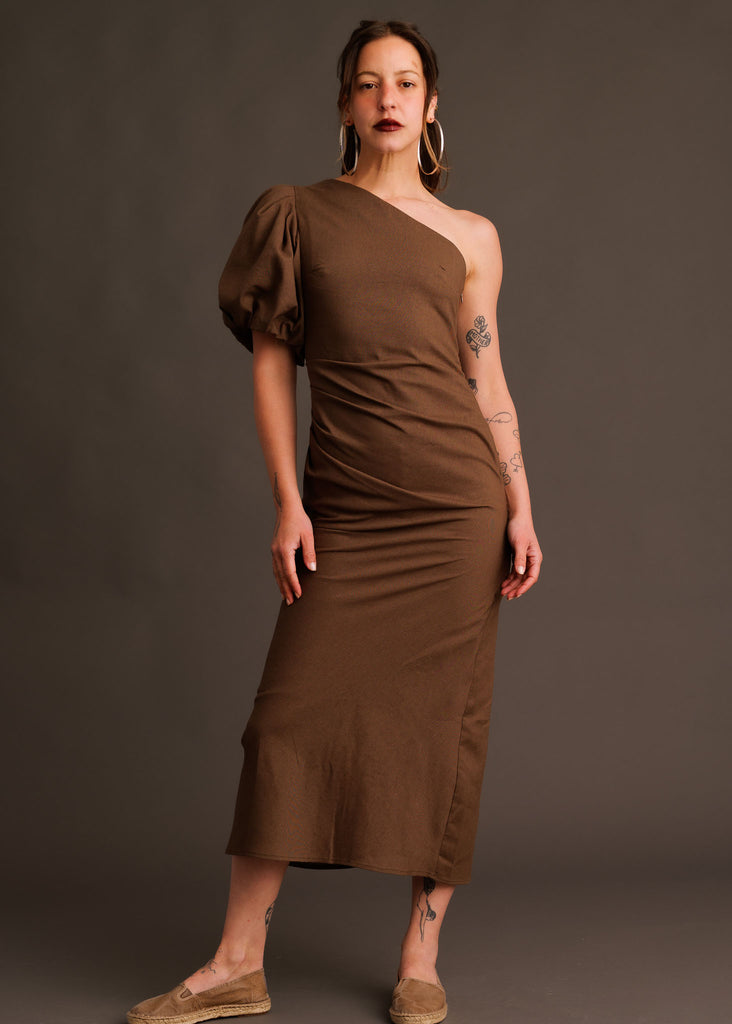 Agathe Dress — Brown one-shoulder dress on model — MYFASHIONFRUIT