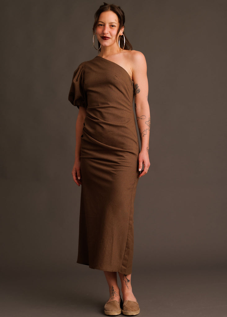 Agathe Dress — Brown one-shoulder dress on model — MYFASHIONFRUIT