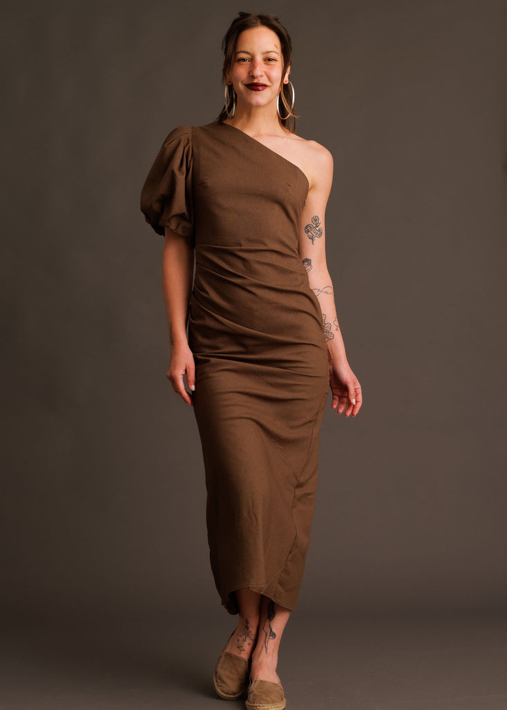 Agathe Dress — Brown one-shoulder dress on model — MYFASHIONFRUIT