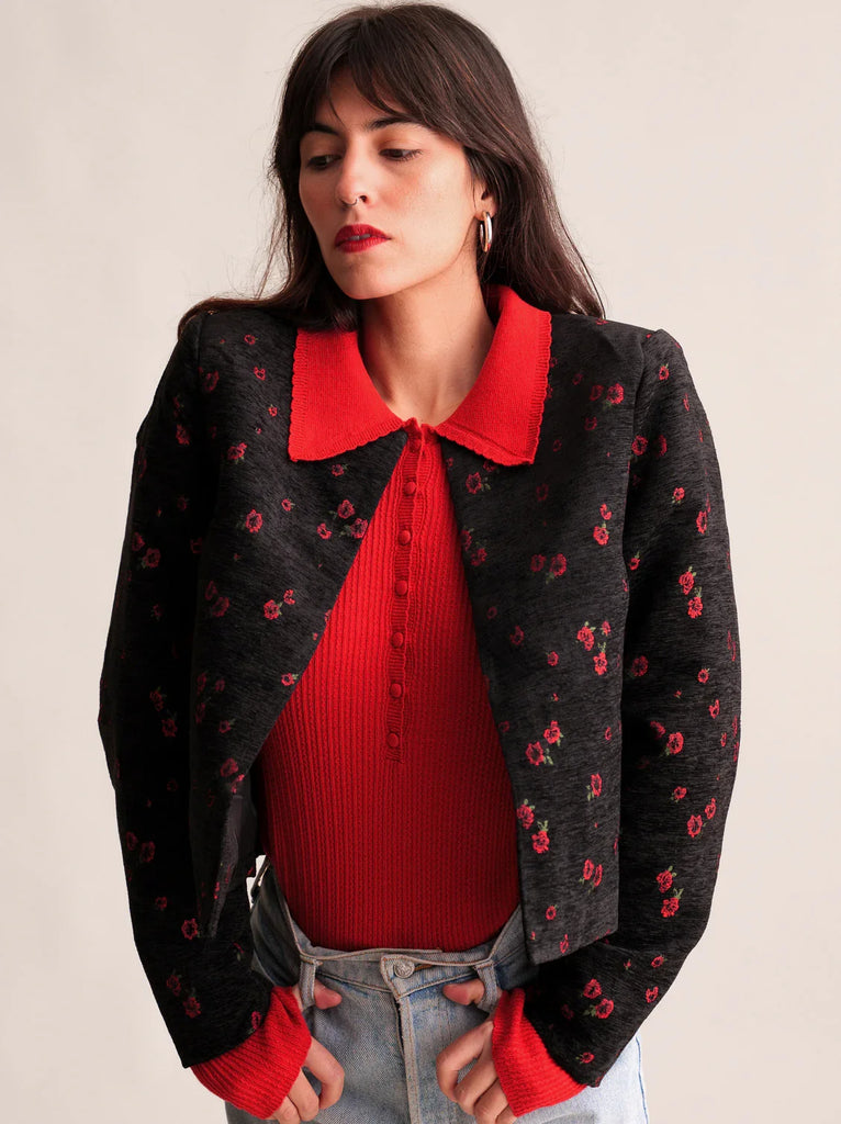 Narcissa Blazer — Floral blazer with red collar on model — MYFASHIONFRUIT