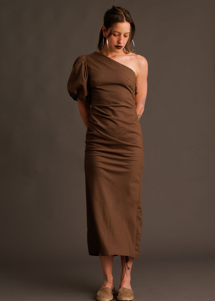 Agathe Dress — Brown one-shoulder dress on model — MYFASHIONFRUIT