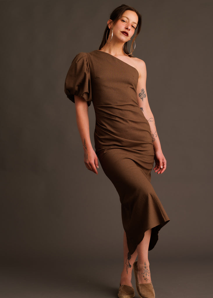 Agathe Dress — Brown one-shoulder dress on model — MYFASHIONFRUIT