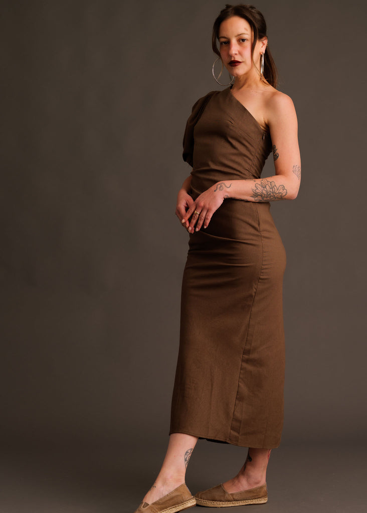 Agathe Dress — Brown one-shoulder dress on model — MYFASHIONFRUIT