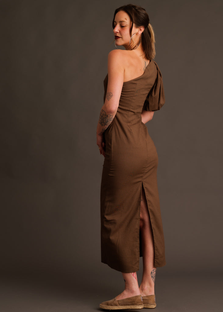 Agathe Dress — Brown one-shoulder dress on model — MYFASHIONFRUIT