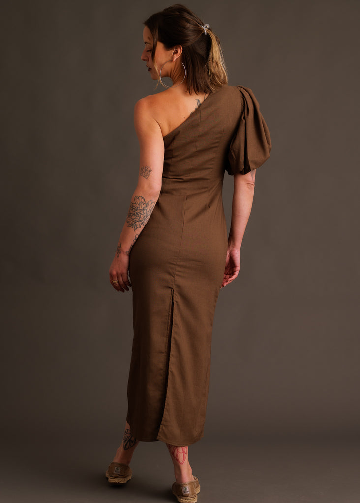 Agathe Dress — Brown one-shoulder dress on model — MYFASHIONFRUIT