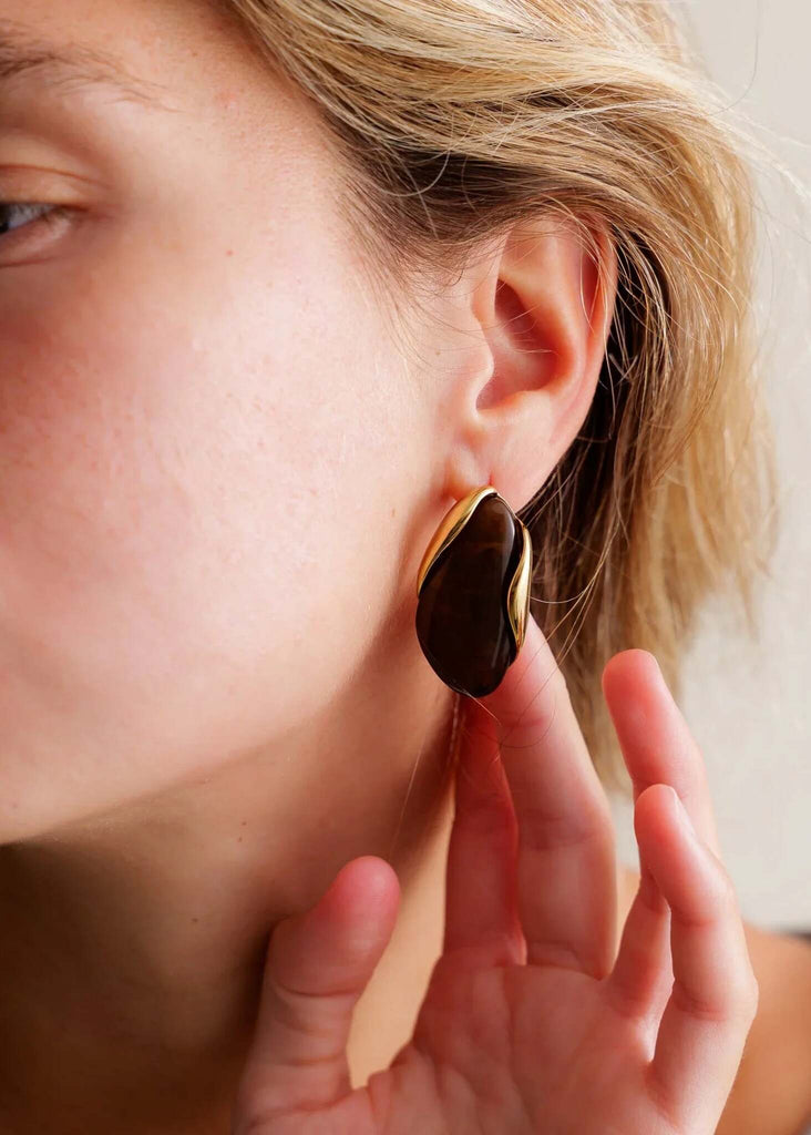 Andree Earrings — detail, brown stone studs on model — MYFASHIONFRUIT