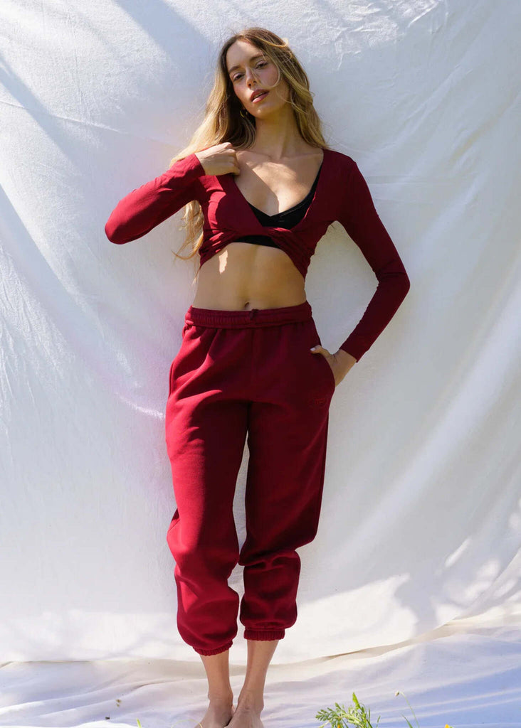 Mff Unisex Sweatpants — Bordeaux set on model — MYFASHIONFRUIT