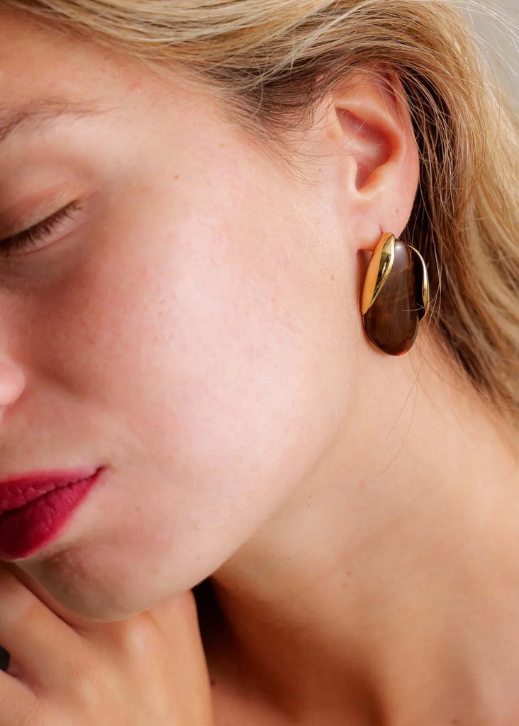Andree Earrings — Brown & gold earrings on model, detail — MYFASHIONFRUIT