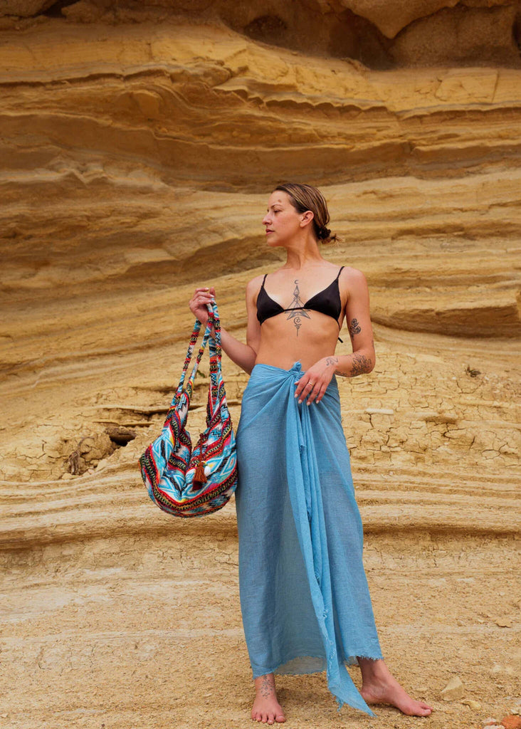 Kezia Bag — Colorful patterned bag on model with blue cover-up — MYFASHIONFRUIT