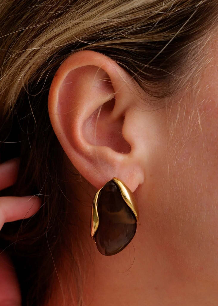 Andree Earrings — brown stone with gold trim, detail on model — MYFASHIONFRUIT