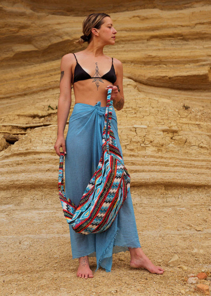 Kezia Bag — Patterned bag on model with blue wrap skirt — MYFASHIONFRUIT