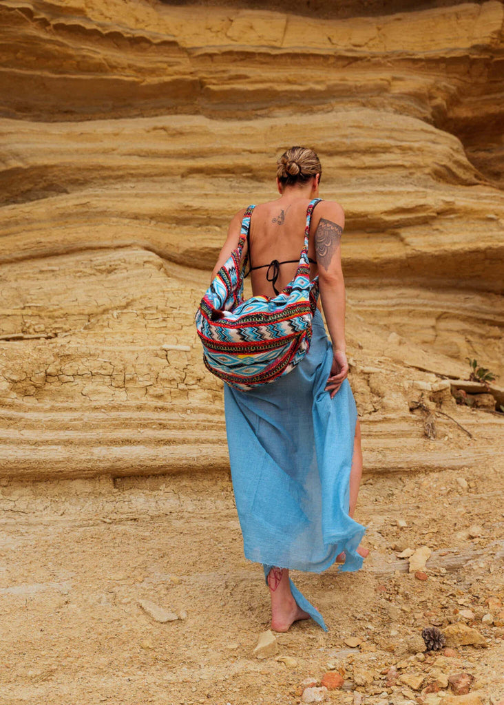 Kezia Bag — Patterned bag on model with blue sarong — MYFASHIONFRUIT