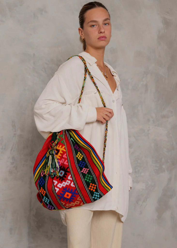 Roxane Handloom Bag — Woven red tote bag on model — MYFASHIONFRUIT