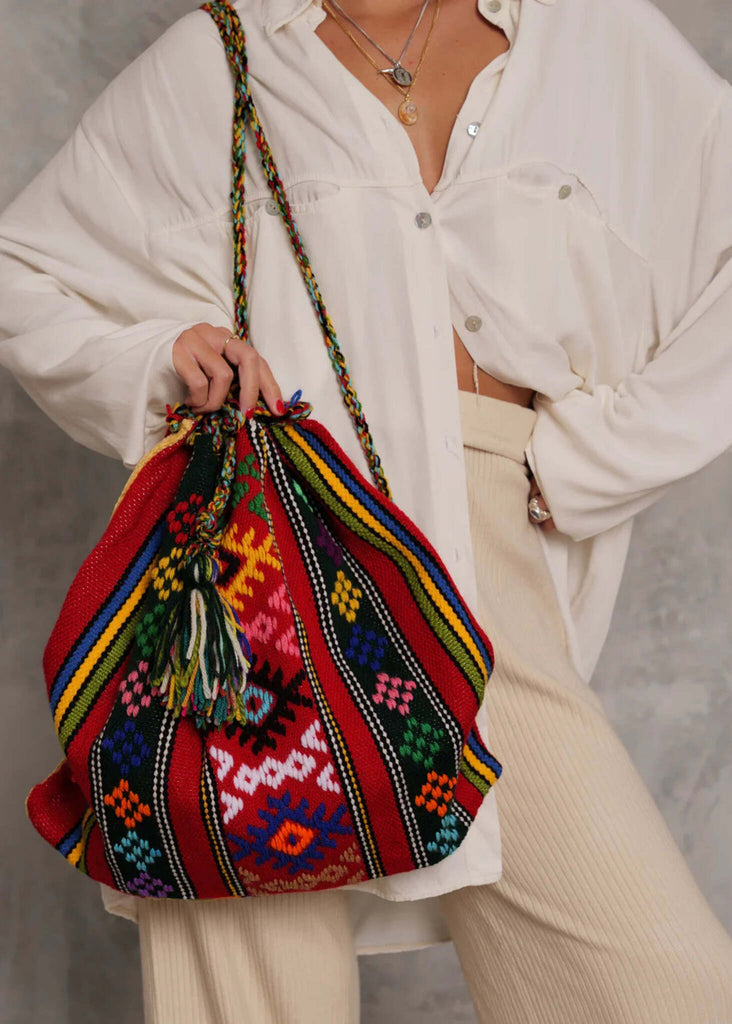 Roxane Handloom Bag — Colorful woven bag on model — MYFASHIONFRUIT