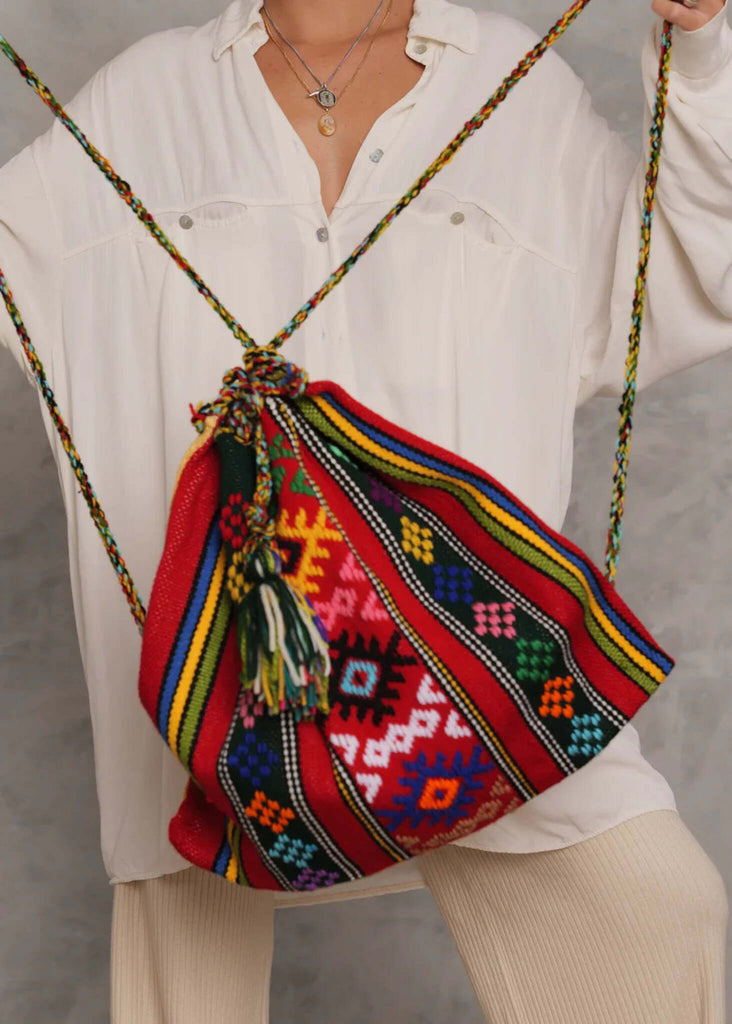 Roxane Handloom Bag — Multi colored woven bag on model — MYFASHIONFRUIT