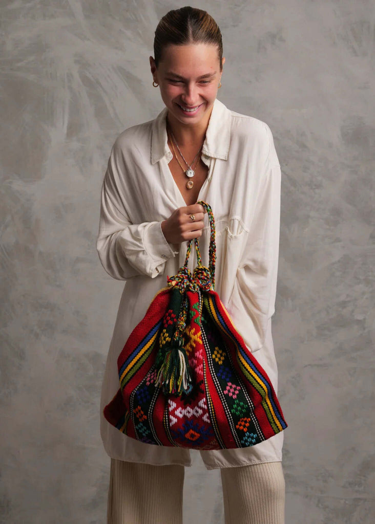 Roxane Handloom Bag — on model, colorful woven bag — MYFASHIONFRUIT