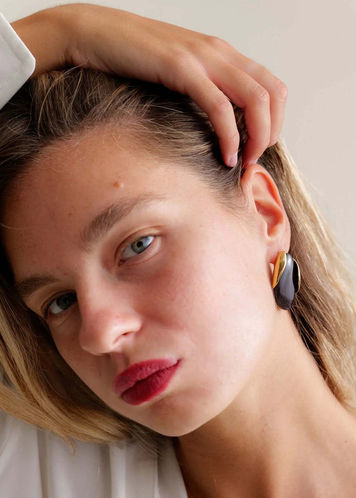 Andree Earrings — Black and gold earrings on model — MYFASHIONFRUIT