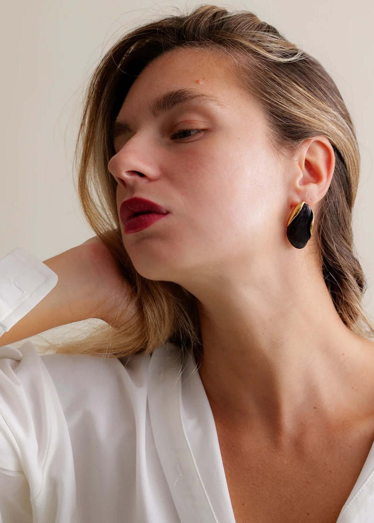 Andree Earrings — Black and gold earring on model — MYFASHIONFRUIT