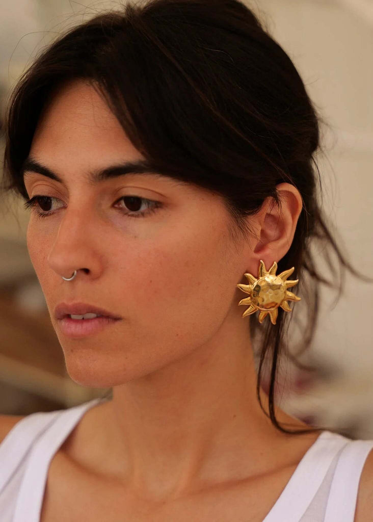 Olena Earrings — Gold sun earrings on model — MYFASHIONFRUIT