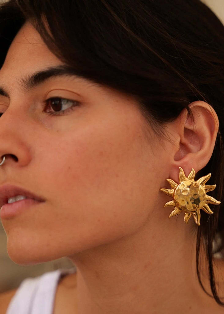 Olena Earrings — Gold sun earrings on model, detail — MYFASHIONFRUIT