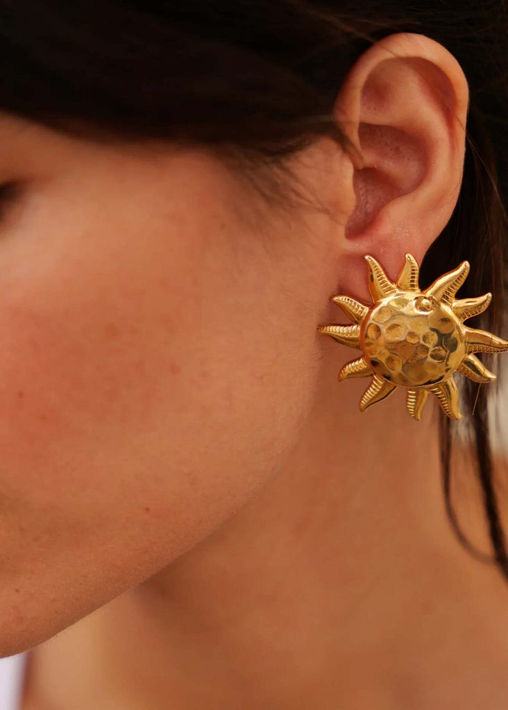 Olena Earrings — Gold sun earrings on model — MYFASHIONFRUIT