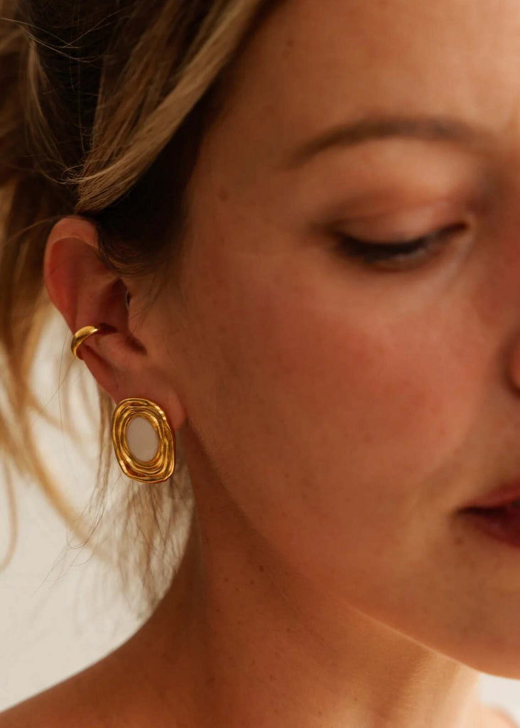 Milcah Earrings — Gold earrings with white stone, on model — MYFASHIONFRUIT