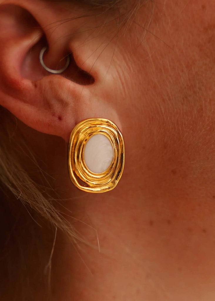 Milcah Earrings — Gold & white earring on model, detail — MYFASHIONFRUIT