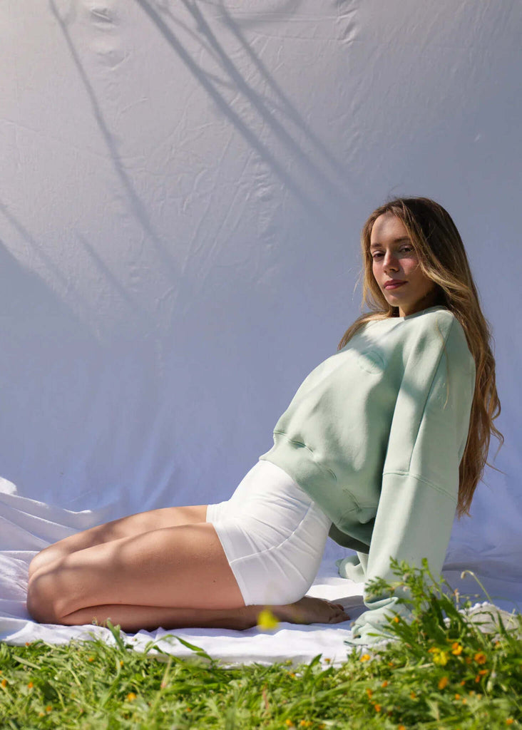 Mff Cropped Sweatshirt — green on model, white shorts — MYFASHIONFRUIT