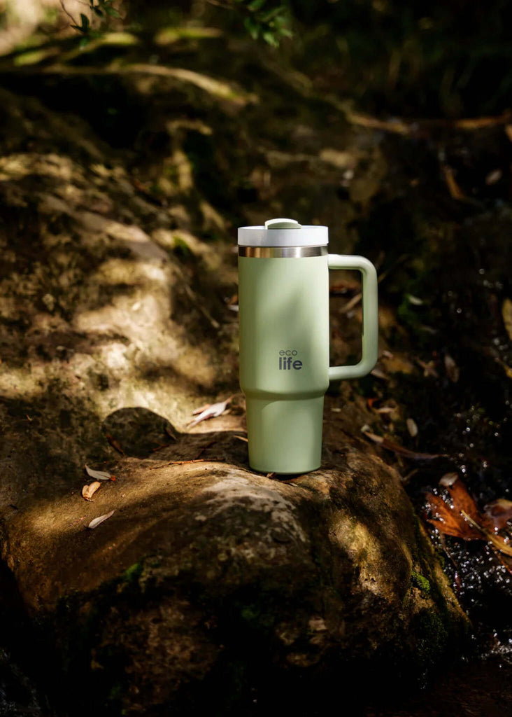 Ecolife Bay Leaf Thermos — Green thermos with handle on rock — MYFASHIONFRUIT