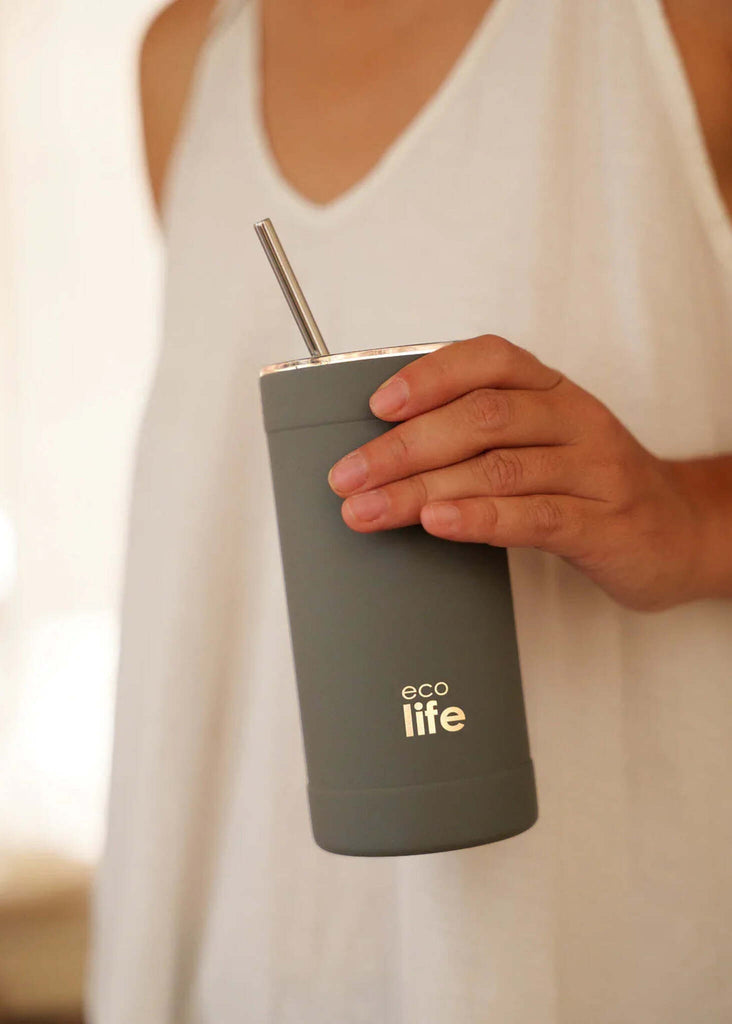 Ecolife Stone Grey Coffee Thermos — grey thermos with straw on model — MYFASHIONFRUIT