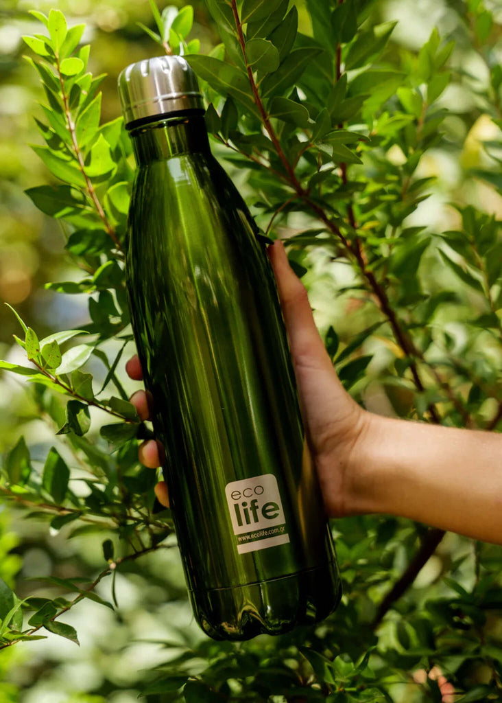 Ecolife Green Thermos — green stainless steel bottle in hand — MYFASHIONFRUIT