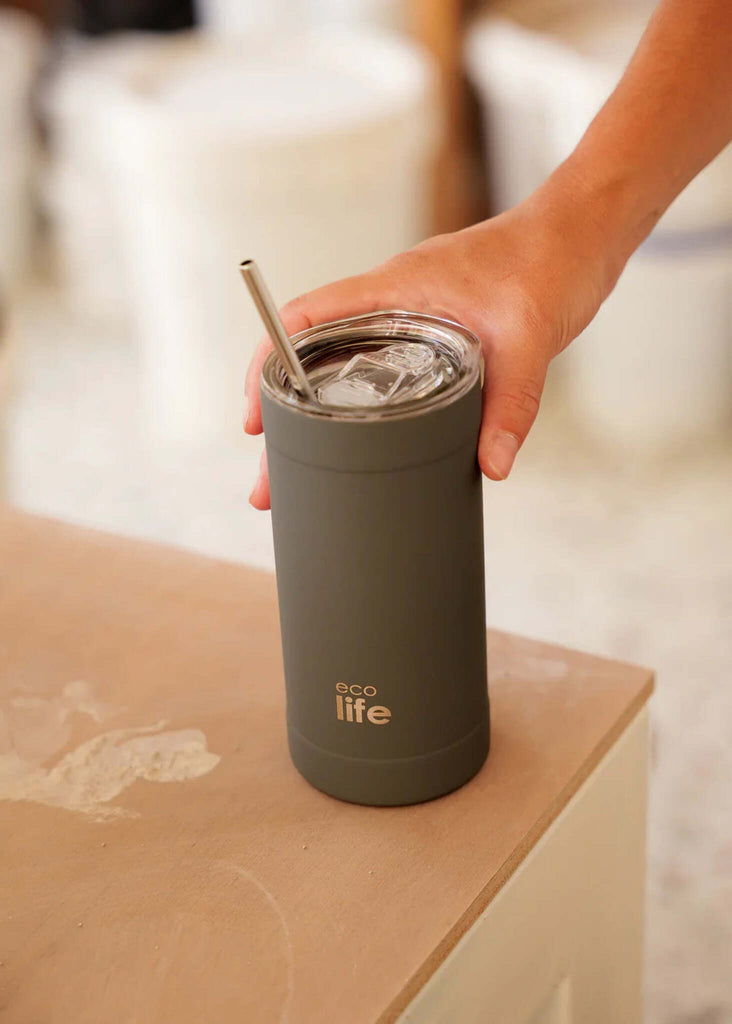 Ecolife Stone Grey Coffee Thermos — grey thermos with straw in hand — MYFASHIONFRUIT