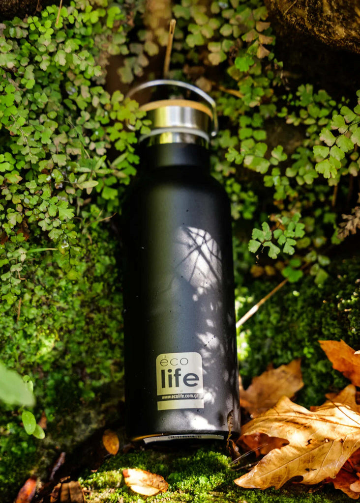 Ecolife Bamboo Black Thermos — black bottle on moss — MYFASHIONFRUIT
