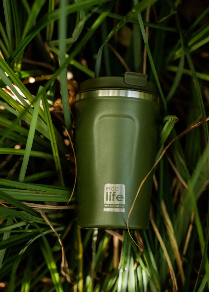 Ecolife Green Coffee Thermos — Olive green thermos in grass — MYFASHIONFRUIT