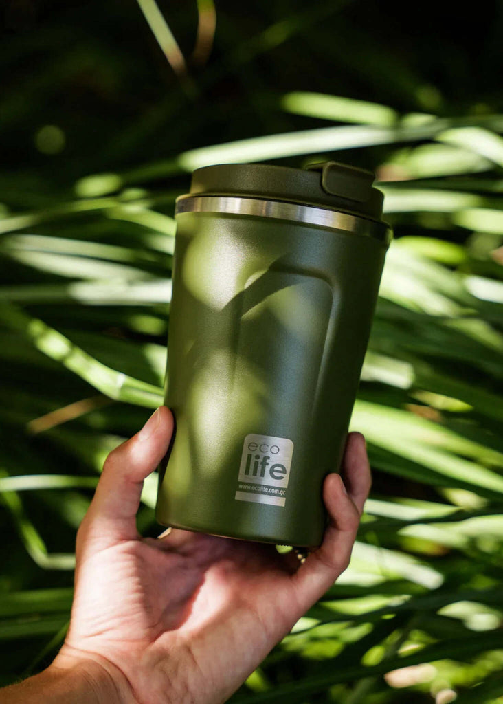 Ecolife Green Coffee Thermos — Green thermos in hand, detail — MYFASHIONFRUIT