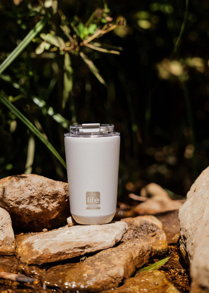 Ecolife Pure Grey Coffee Thermos — Grey thermos on rocks — MYFASHIONFRUIT