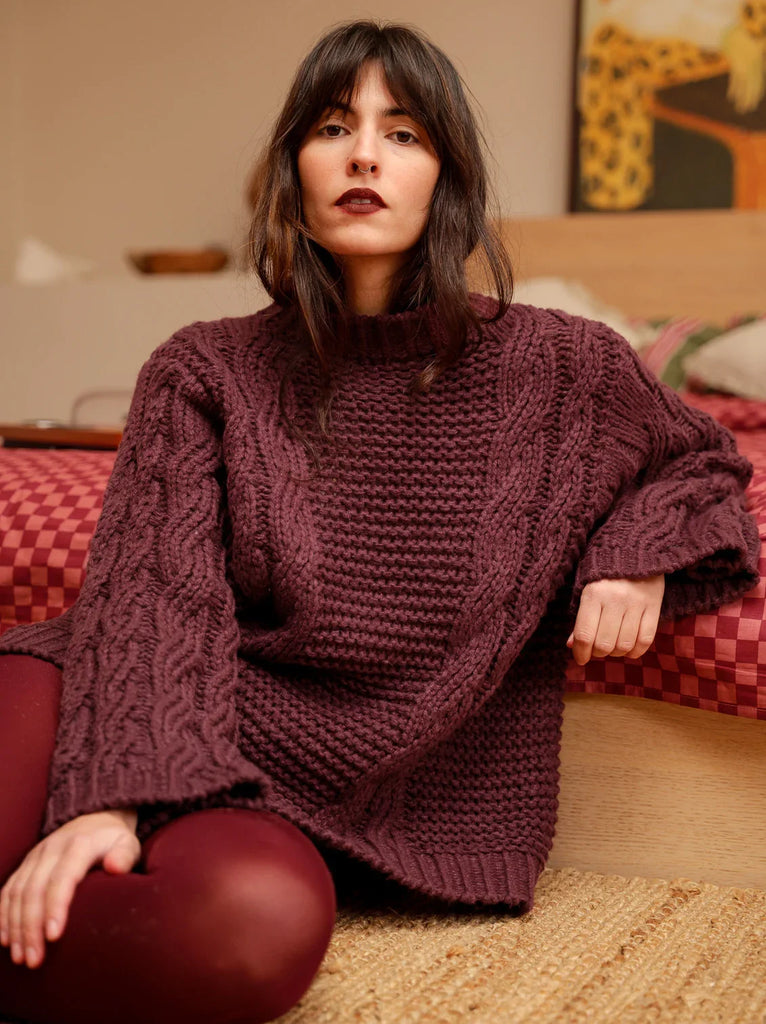 Serenata Sweater — knit burgundy on model — MYFASHIONFRUIT