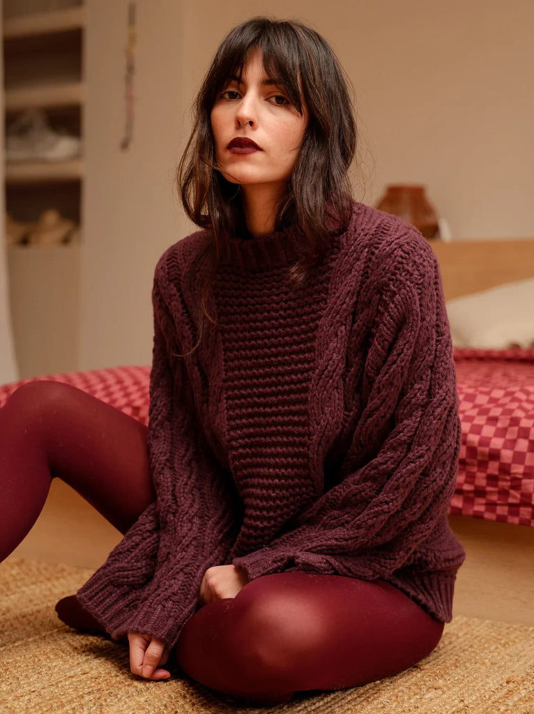 Serenata Sweater — Burgundy knit sweater on model — MYFASHIONFRUIT
