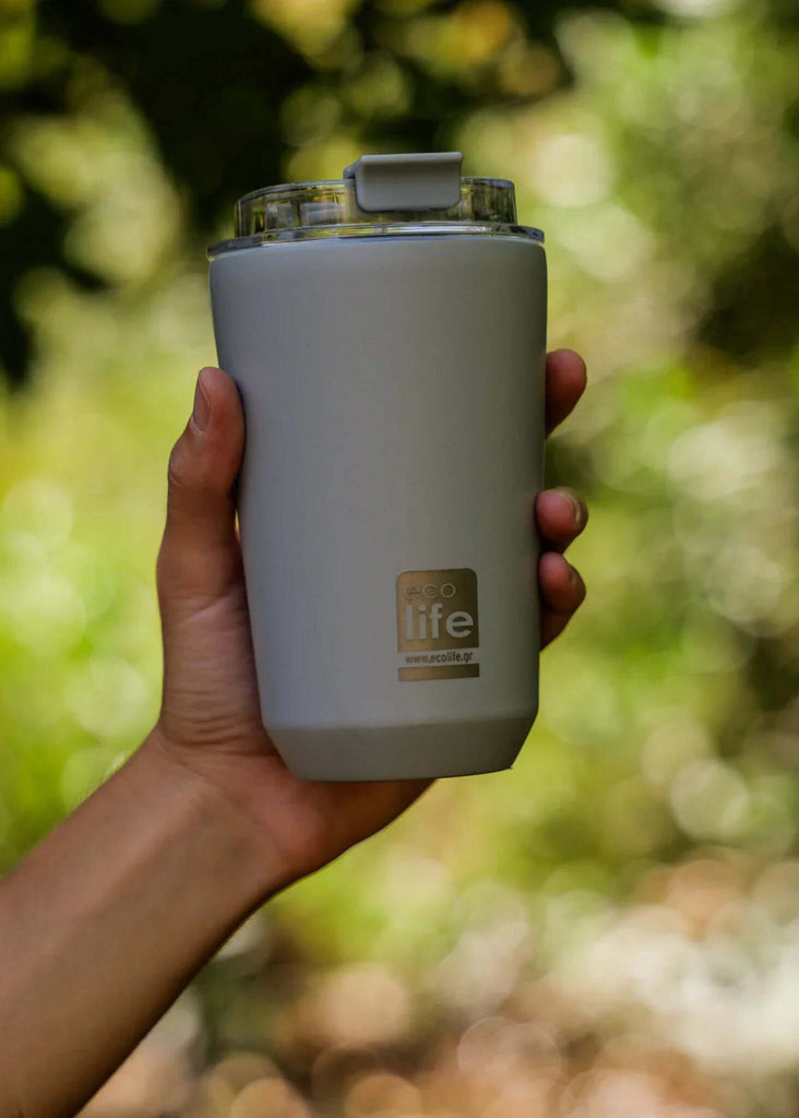 Ecolife Pure Grey Coffee Thermos — grey thermos in hand — MYFASHIONFRUIT