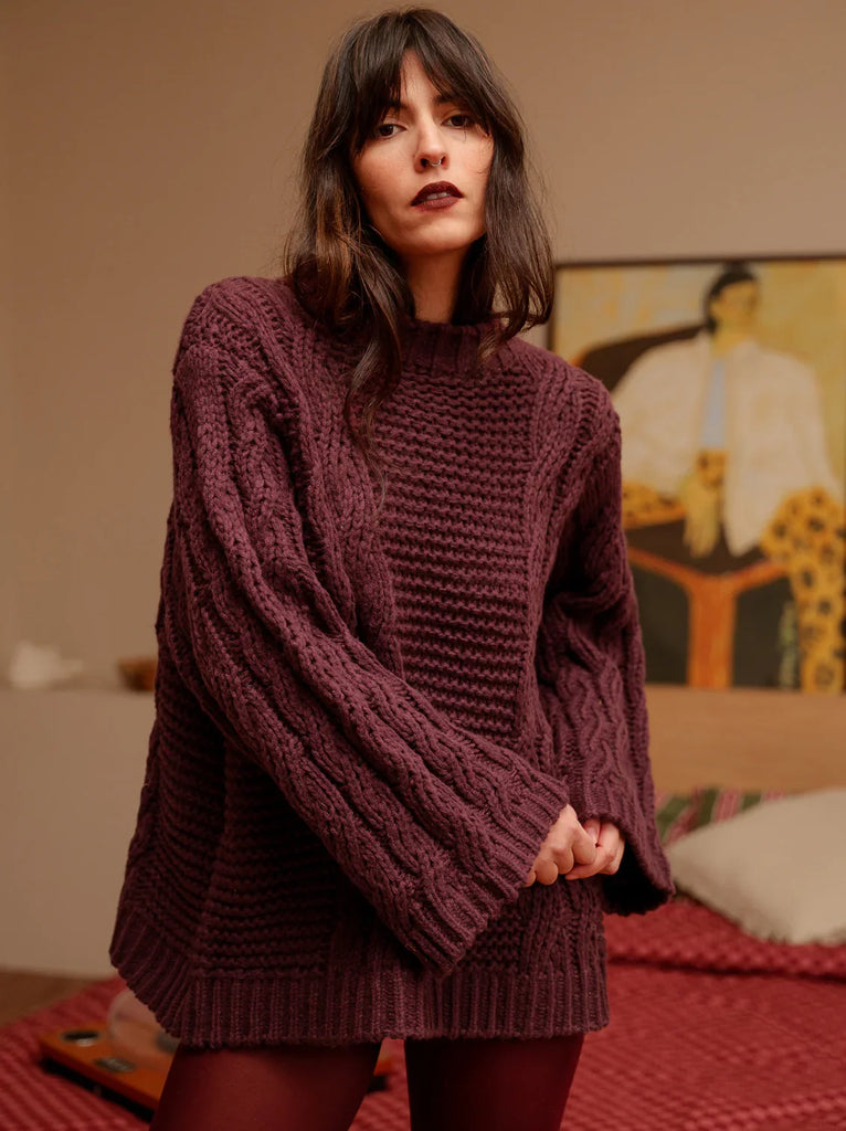 Serenata Sweater — Burgundy knit on model — MYFASHIONFRUIT