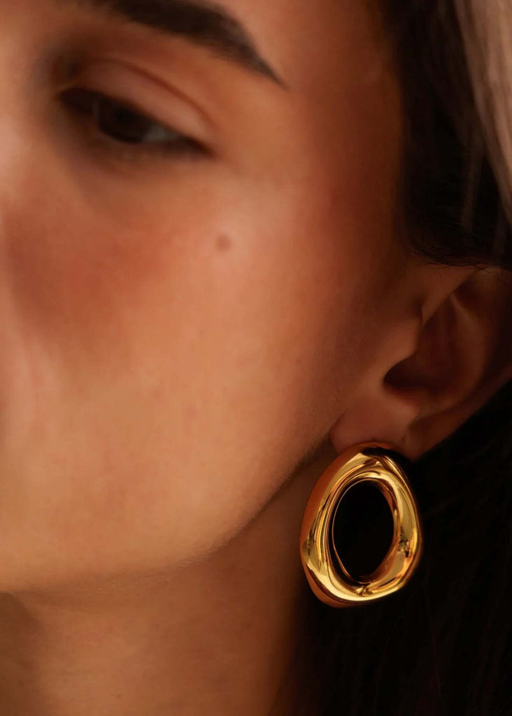Jolee Earrings — Gold pebble earring on model, detail — MYFASHIONFRUIT