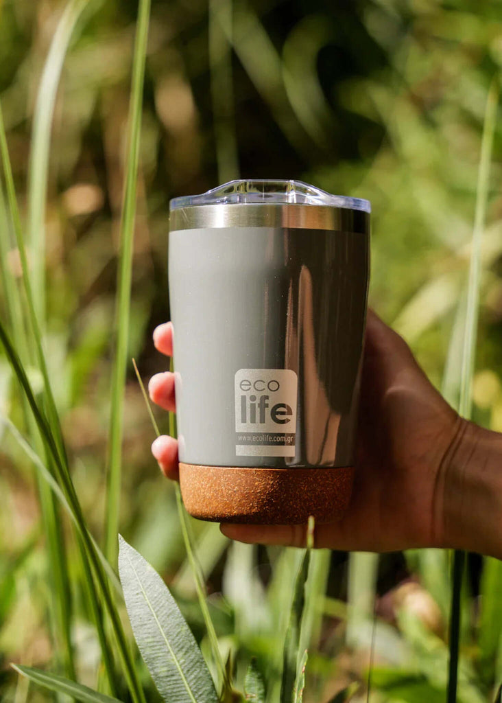 Ecolife Coffee Light Grey Thermos — Grey thermos with cork detail in hand — MYFASHIONFRUIT