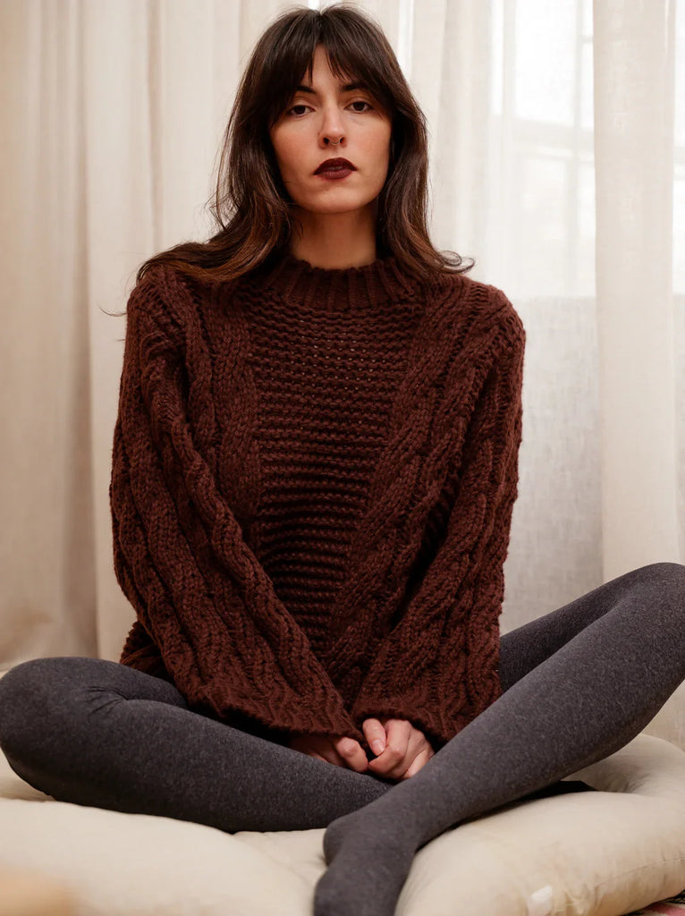 Serenata Sweater — Brown knit on model — MYFASHIONFRUIT