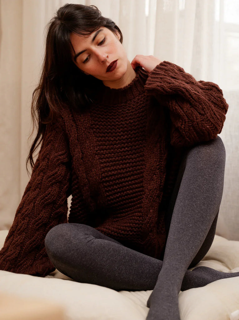 Serenata Sweater — Brown knit on model — MYFASHIONFRUIT